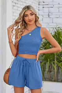 Ladies Fashion Matching Set Smocked One-Shoulder Sleeveless Top and Shorts Set