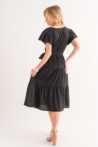 Womens Casual Black Textured Tiered Midi Dress, loose fit dress Vacation holiday sundress