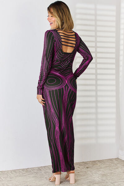 Anatomy Design Cutout Round Neck Long Sleeve Backless Maxi Dress