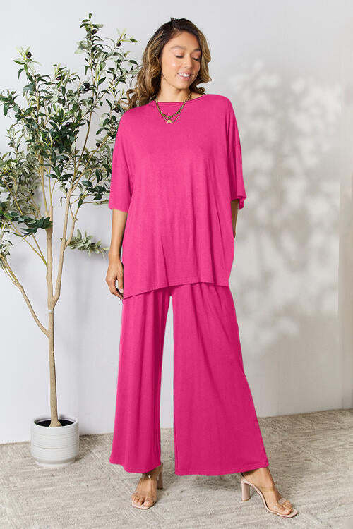 Double Take Full Size Round Neck Slit Top and Pants Set Loungewear T shirt and bottoms included