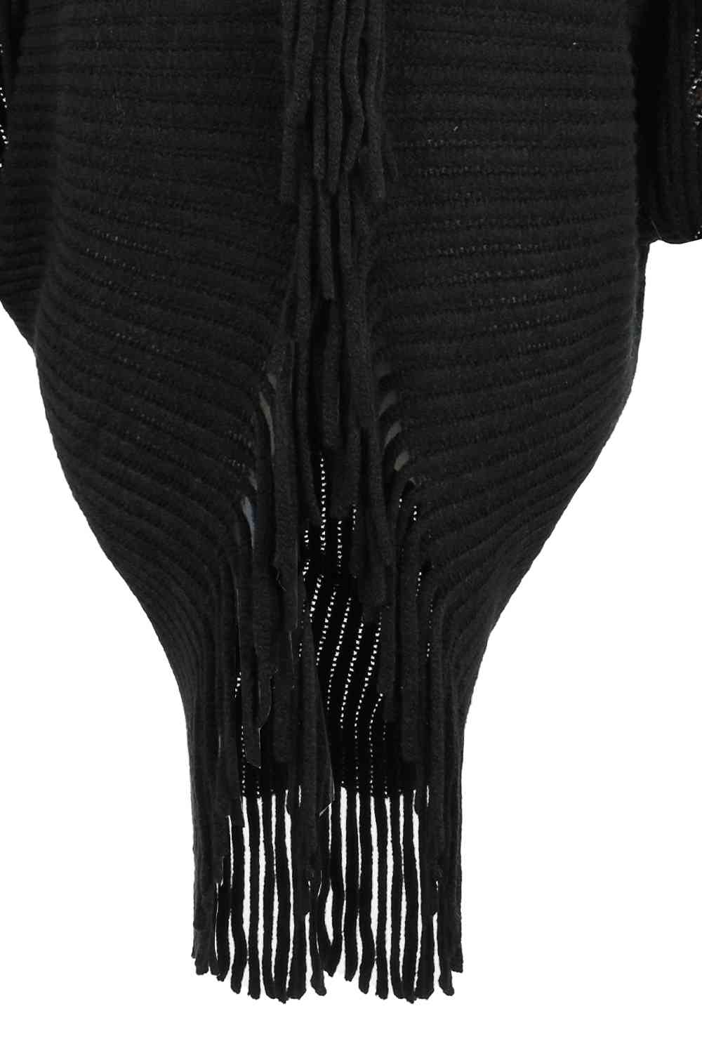 Womens Open Sweater Fringe Detail Long Sleeve Ribbed  fashion Poncho