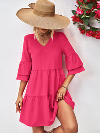 Womens Casual Holiday Vacation V-Neck Flare Sleeve Mini Dress