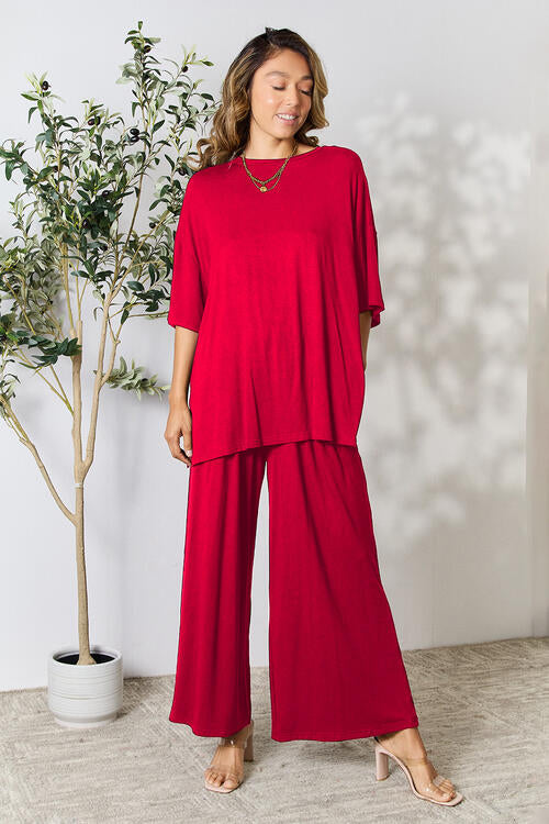 Double Take Full Size Round Neck Slit Top and Pants Set Loungewear T shirt and bottoms included