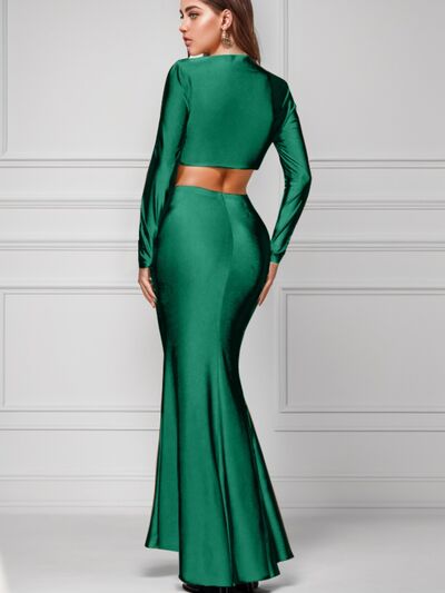 KESLEY Sexy Matching Outfit Set Cropped Long Sleeve Top and High Slit Maxi Skirt New Women's Fashion Cocktail Evening  Party Attire