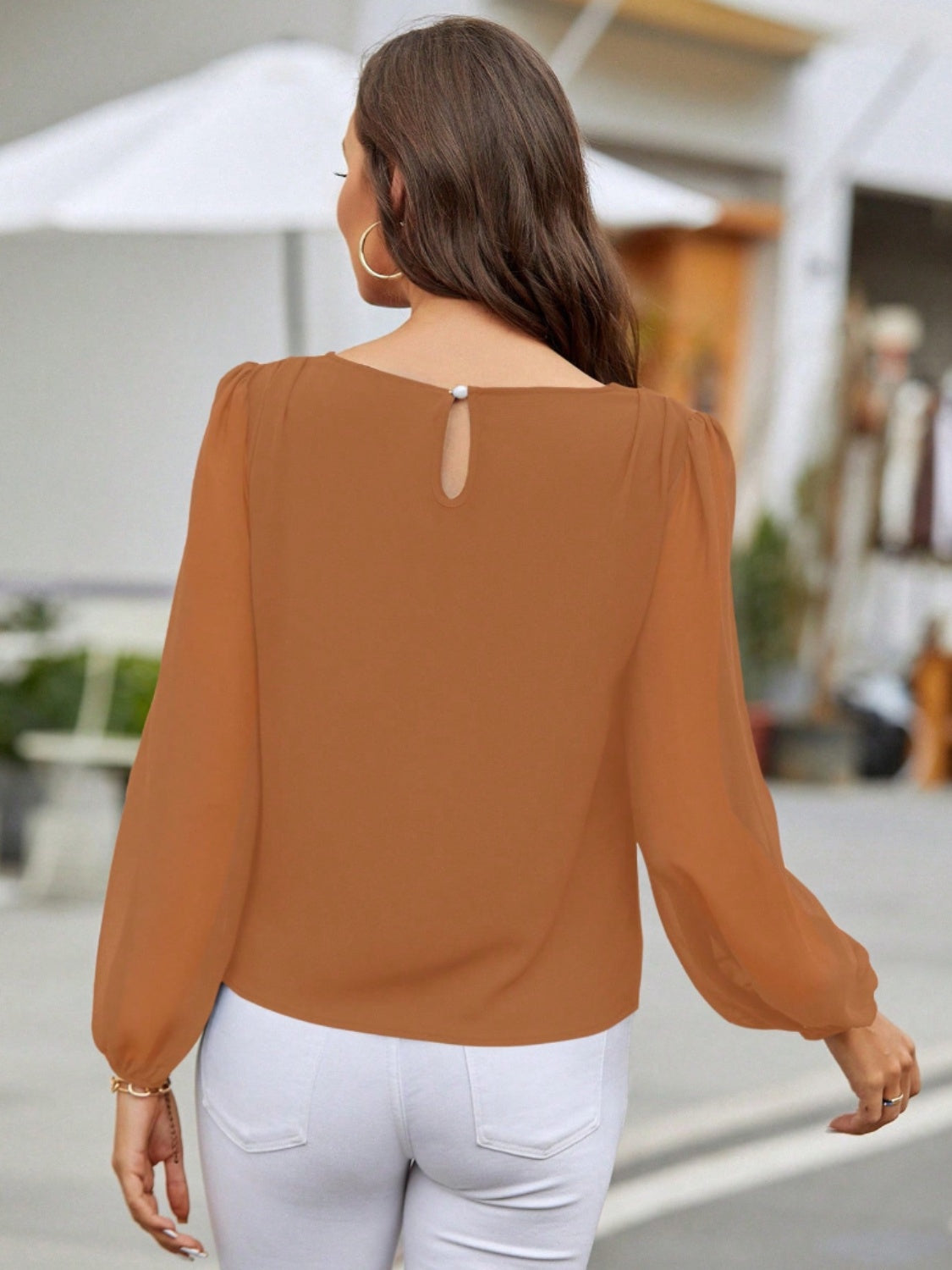 Solid Color Long Sleeve Shirt Women's Fashion Top Round Neck Balloon Sleeve Blouse