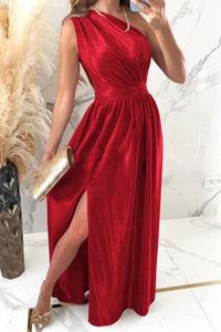 One Shoulder Elegant Slit Ruched Evening Maxi Dress