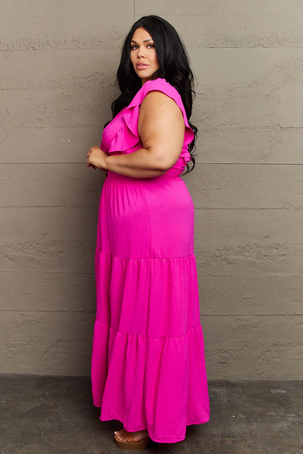 KESLEY Fancy Pink Plus Size Tiered Side Slit Maxi Dress