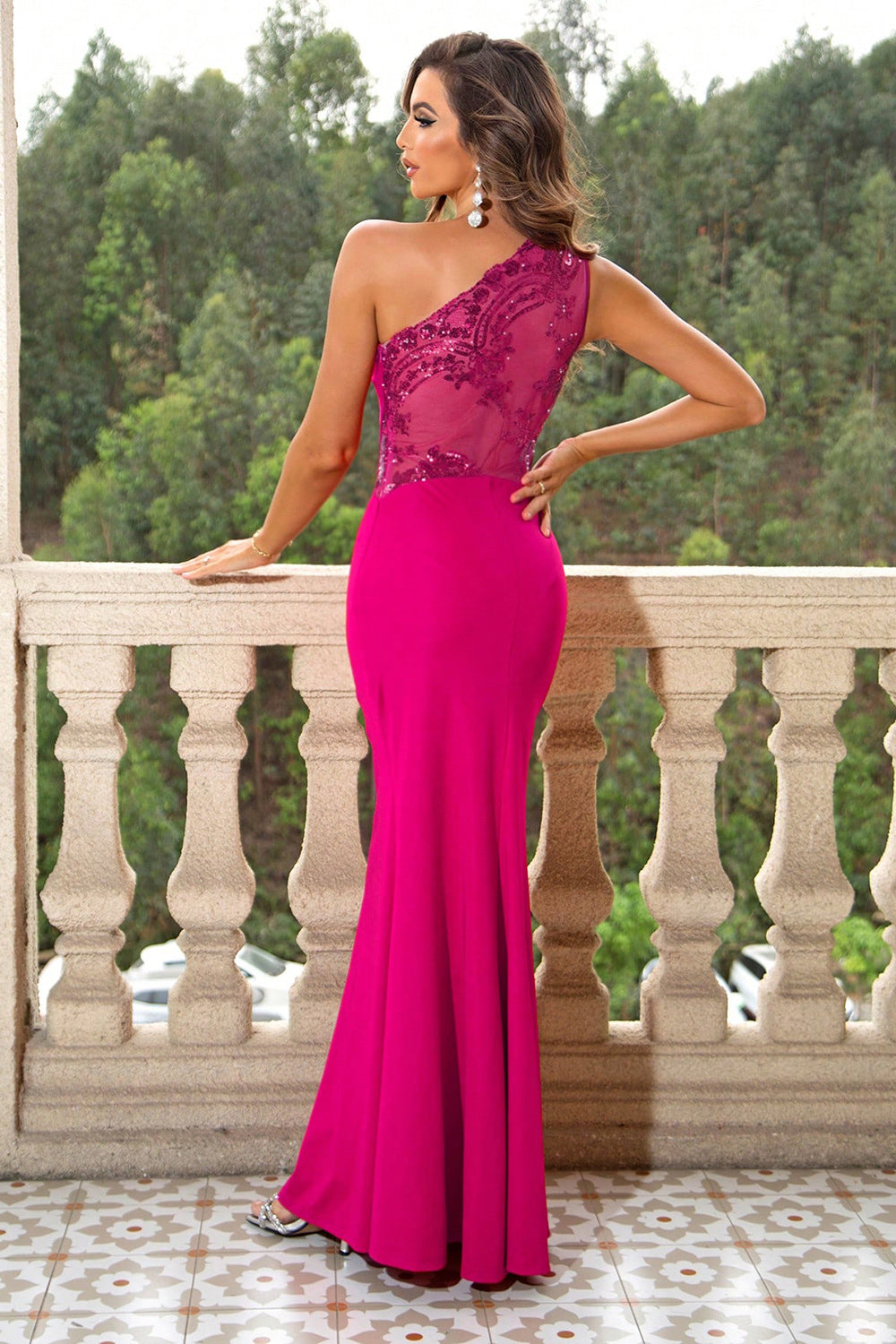 Womens Formal Dress One-Shoulder Sleeveless Back Lace Maxi Long Dress