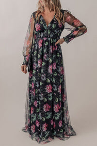 Somcked Floral V-Neck Long Sleeve Maxi Dress