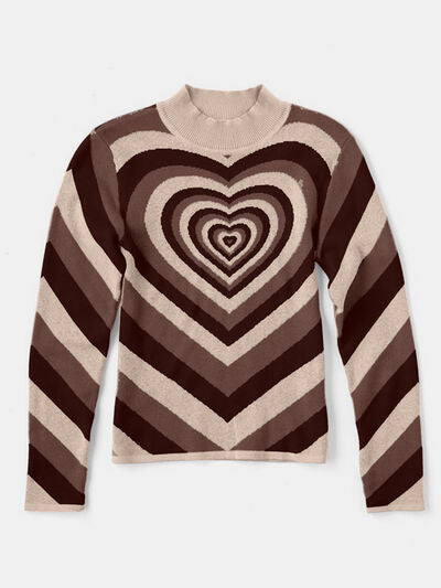 Heart Mock Neck Long Sleeve Fashion Sweater