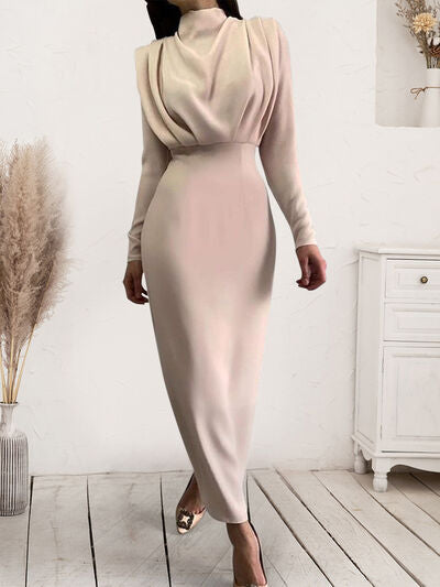 Womens Mock Neck Ruched Turtleneck Long Sleeve Midi Dress