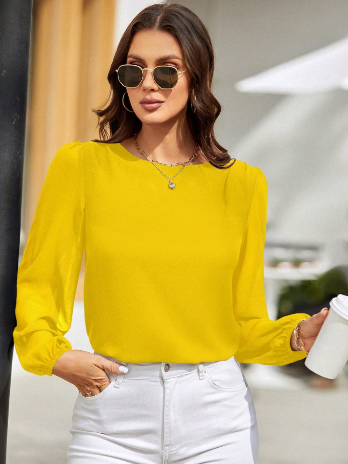 Solid Color Long Sleeve Shirt Women's Fashion Top Round Neck Balloon Sleeve Blouse