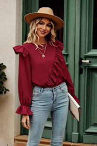 Womens Casual Blouse Shirt Ruffled Round Neck Long Sleeve Top