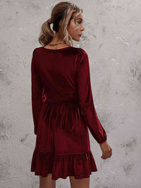 Plunge Long Sleeve Ruffle Hem Velvet Dress