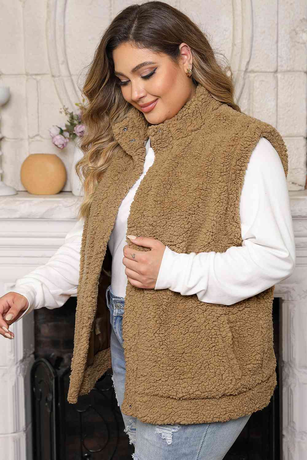 Plus Size Collared Neck Open Front Sweater Vest Womens Fashion