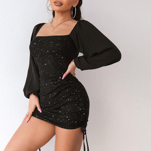 Square Neck Drawstring Ruched Sequin Long Sleeve Short Dress