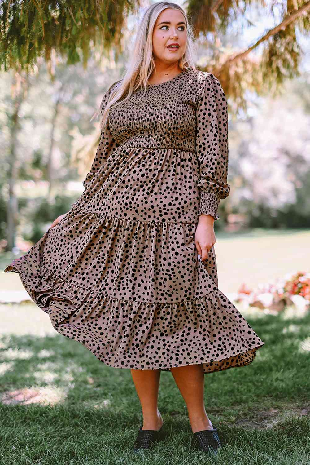 Plus Size Animal Print Smocked Tiered Casual Long Sleeve Dress