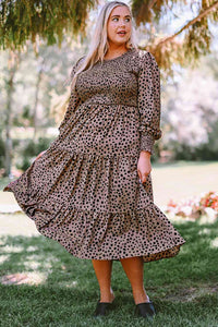 Plus Size Animal Print Smocked Tiered Casual Long Sleeve Dress