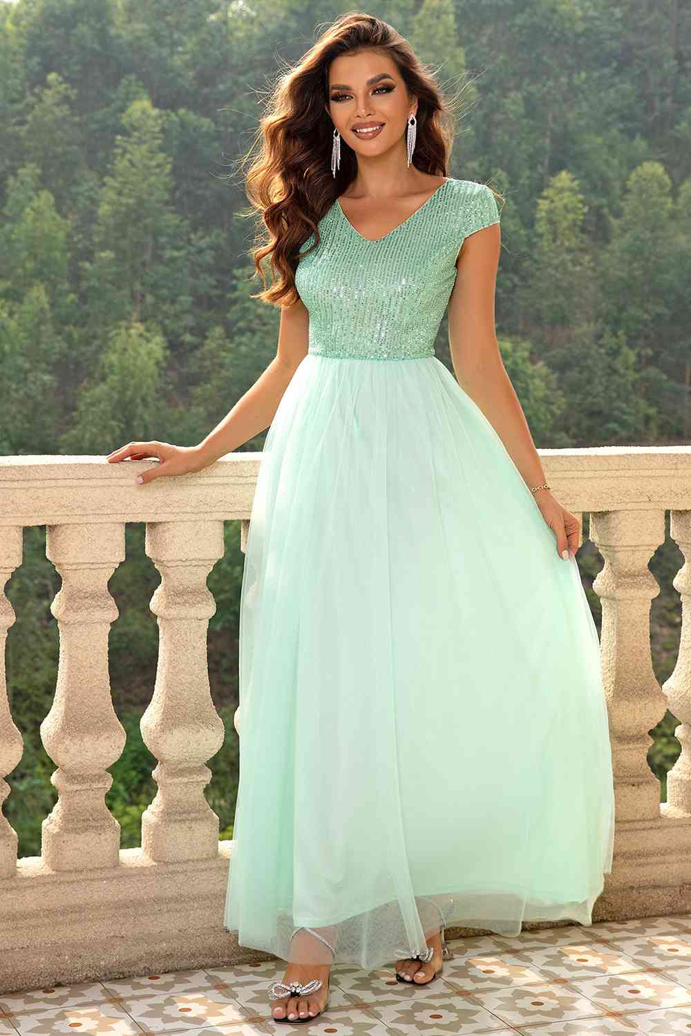 Sequin V-Neck Mesh Puffy Elegant Maxi Formal Party Dress