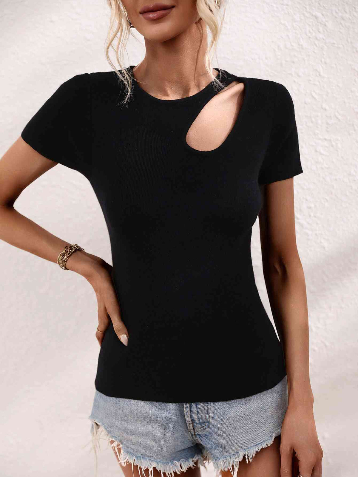 Womens Casual Shirt Cutout Round Neck Short Sleeve Knit Top