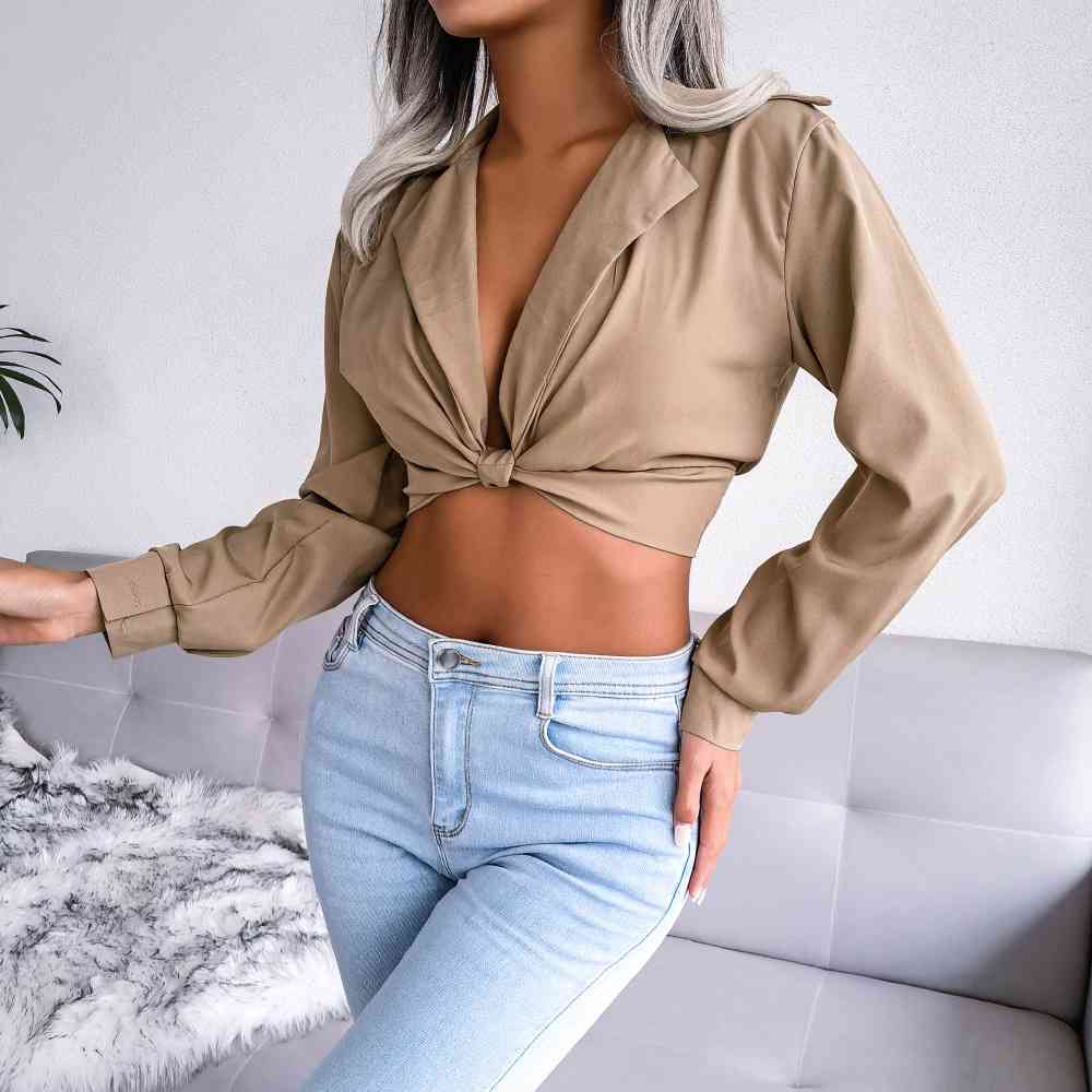 Long Sleeve Shirt Knot Detail Collared Cropped Top