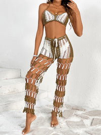 Crochet Two Piece Outfit Set Swimsuit Cover Up Cutout Halter Neck Crop Top and Pants Two-Piece Swim Set