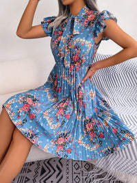 Pleated Floral Printed Tie Neck Knee Length  Short Sleeve Dress