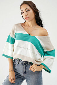 Color Block V-Neck Dropped Shoulder Sweater Shirt