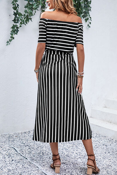 Slit Off-Shoulder Tie-Waist Black and White Striped Slit Midi Dress