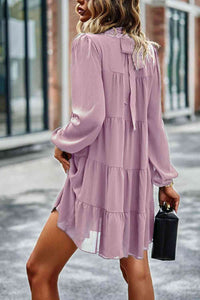 Womens Casual Tied Ruffle Collar Puff Sleeve Mini Dress