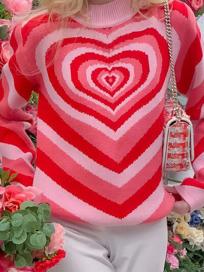 Heart Mock Neck Long Sleeve Fashion Sweater