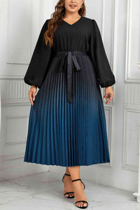 Womens Plus Size Dress Black and Blue  V-Neck Long Sleeve Pleated Tie Waist Midi Dress