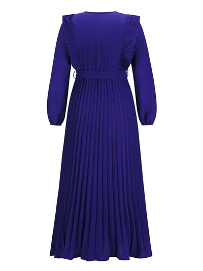 Long Sleeve Maxi Dress Pleated Surplice Waist Tie Midi