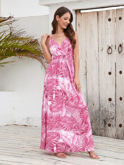 Vacation Jungle Printed Surplice Spaghetti Strap Maxi Dress