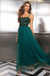 Sequin Maxi Formal Dress Lace-Up Backless Mesh Puff Skirt