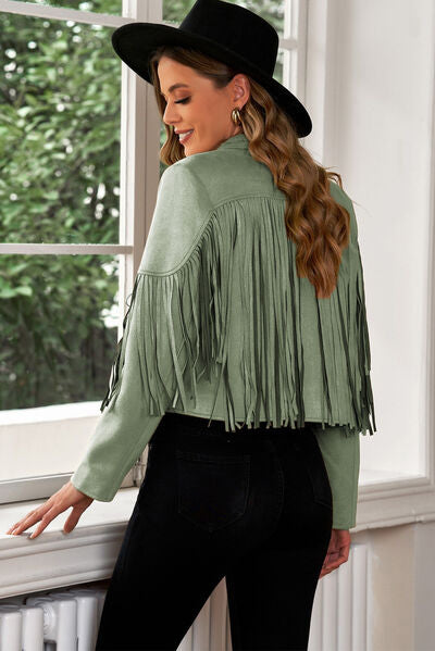 KESLEY Fringe Jacket Trim Lapel Collar Cropped Blazer Cowboy Boho Style Tassel-fringe Coat