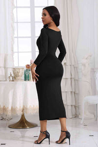 New Women's Fashion Long Sleeve Ruched Boat Neck Midi Dress, Form Fitting Solid Color Ladies Dress