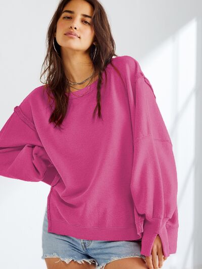 Baggy Sweater Loose Fit Slit Round Neck Dropped Shoulder Long Sleeve Sweatshirt T-Shirt