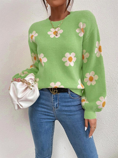 Flower Round Neck Latern Sleeve Sweater