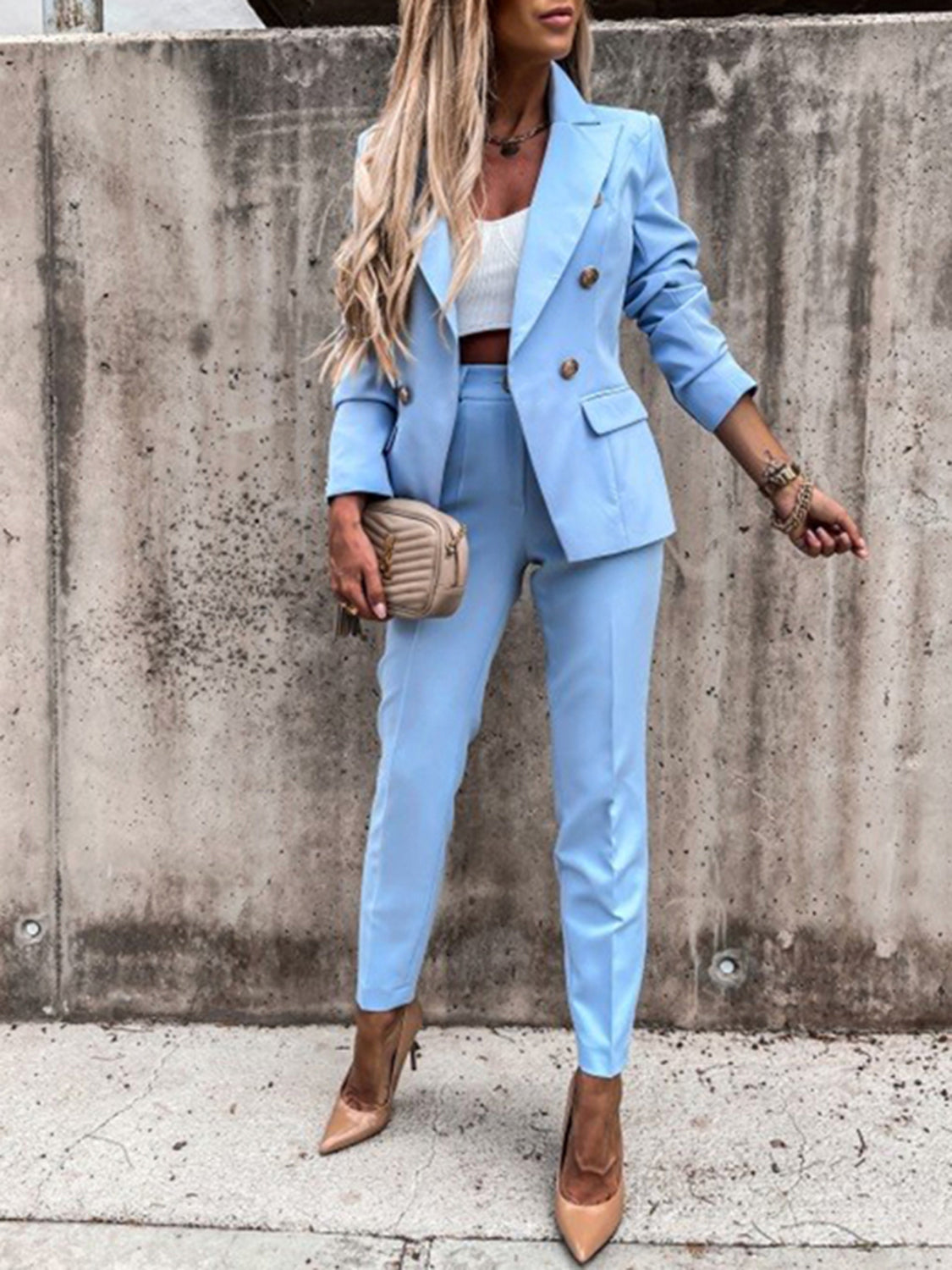 Women's Suit Work Attire Blazer and Trouser Matching Set Lapel Collar Long Sleeve Blazer and Pants Set