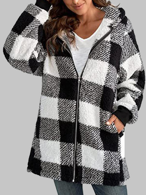 Checkered Plaid Zip-Up Hooded Jacket with Pockets