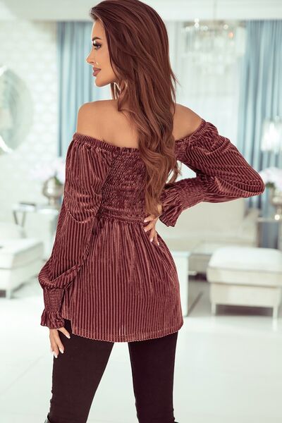 Womens Off The Shoulder Long Sleeve Velvet Top Smocked Lantern Sleeve Peplum Blouse