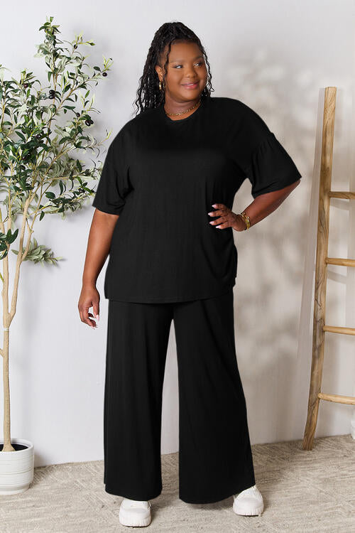 Double Take Full Size Round Neck Slit Top and Pants Set Loungewear T shirt and bottoms included