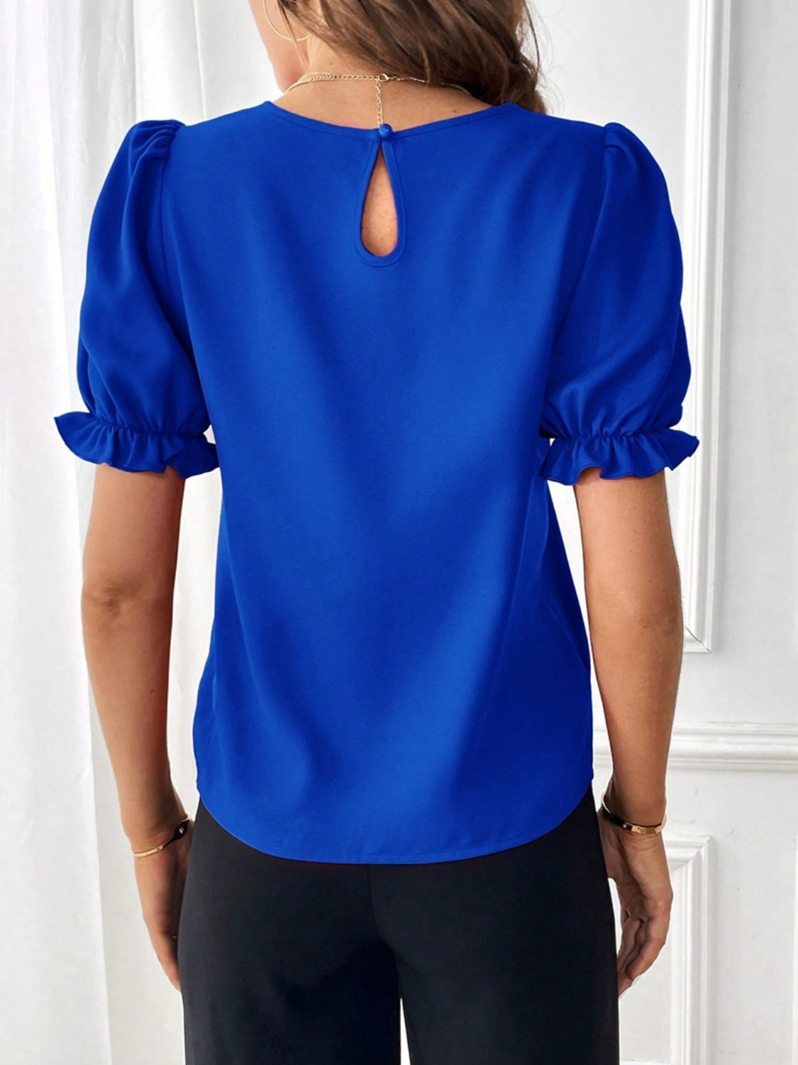 Solid Color Round Neck Flounce Short Sleeve Blouse Women's Casual Workwear Fashion