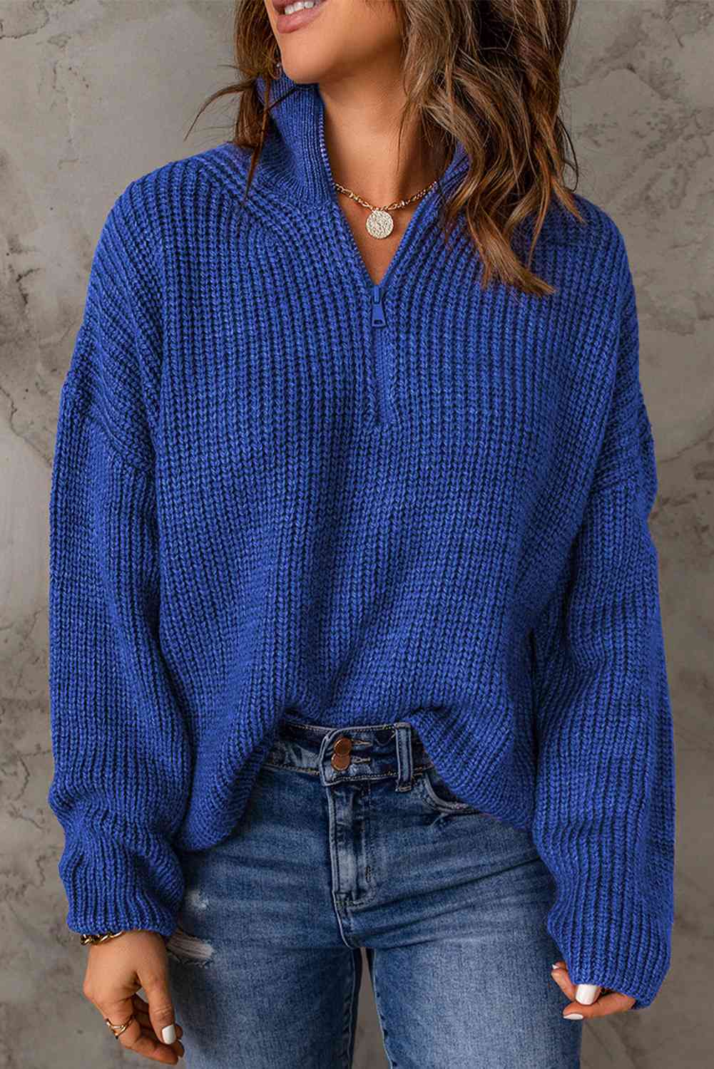 Woven Right Half Zip Rib-Knit Dropped Shoulder Sweater