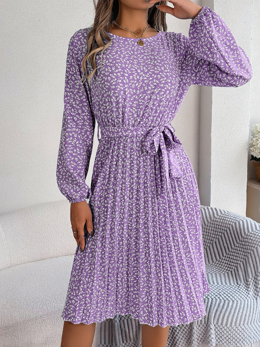 Ditsy Floral Tie Waist Pleated Long Sleeve Dress Women's Casual Wear and Workwear Fashion