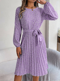 Ditsy Floral Tie Waist Pleated Long Sleeve Dress Women's Casual Wear and Workwear Fashion