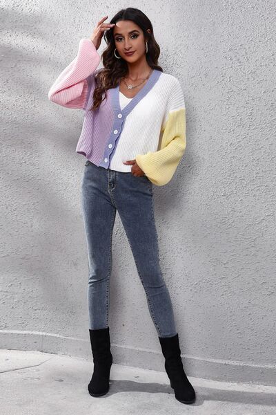 Women's Cardigan Color Block Button Up Sweater V-Neck Knit Top