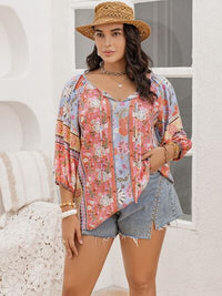 Plus Size Printed Tie Neck Balloon Long Sleeve Shirt Top Blouse