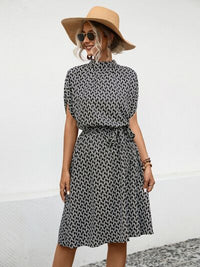 Waist Tied Black and White Printed Mock Neck Short Sleeve Dress